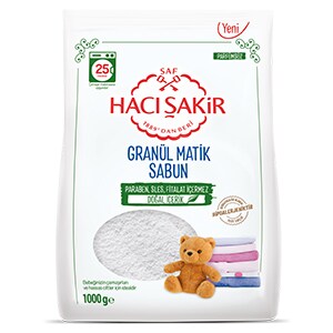 Hacı Şakir Saf Granül Matik Sabun 1000g paketi, parfümsüz doğal içerikli bebek ve hassas cilt çamaşır deterjanı.