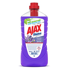 Ajax Fabuloso Lavanta Tazeliği yüzey temizleyici mor şişesi, %100 temizleme gücü ve lavanta kokulu sıvı deterjan.