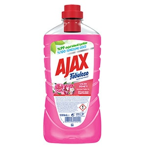 Ajax Fabuloso Çiçek Demeti yüzey temizleyici pembe şişesi, %100 temizleme gücü ve çiçek kokulu sıvı deterjan.